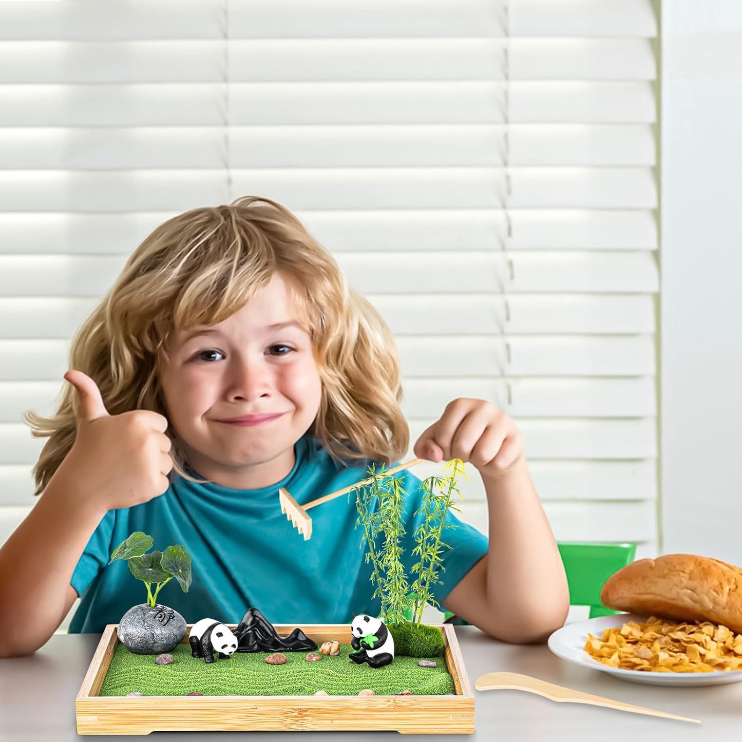 Zen Garden Kit for Desk 11''x7.5'' Room Decor with Green Sand, Panda Decorative Ornaments, Haystack, Ceramic Mountain, Stones and Rakes (Panda Bamboo)