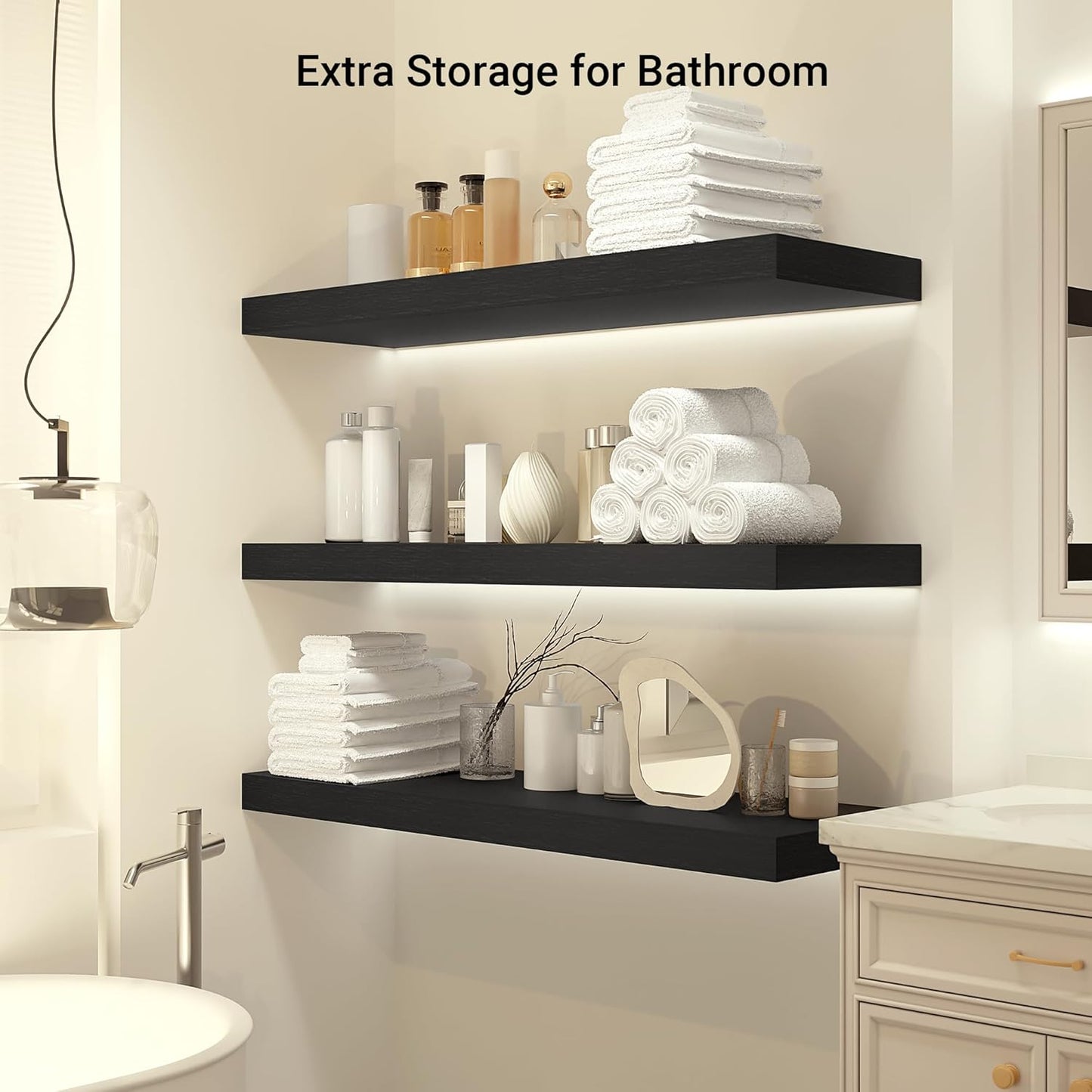 Heimlove 12" Deep Floating Shelves, 36 x 12 Inch Wall Mounted Long Floating Shelf with Invisible Brackets, for Home Decor, Bedroom, Kitchen, Living Room, Bathroom - 1 Pack, Black