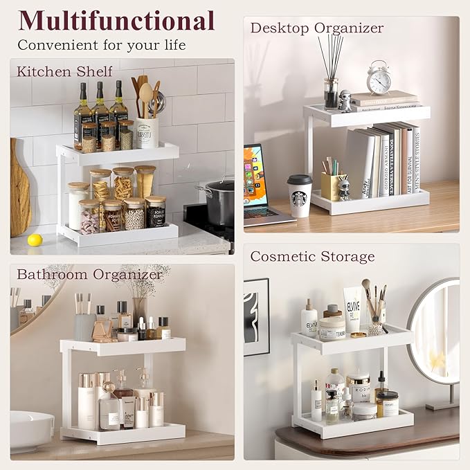 MARTY 2 Tier 15.75"x8.9" Large Countertop Shelf Organizer Spice Rack, Coffee Station Organizer for Mugs Cups, Wooden Shelf Desktop Storage Organizer for Kitchen Bathroom Home Office (White)