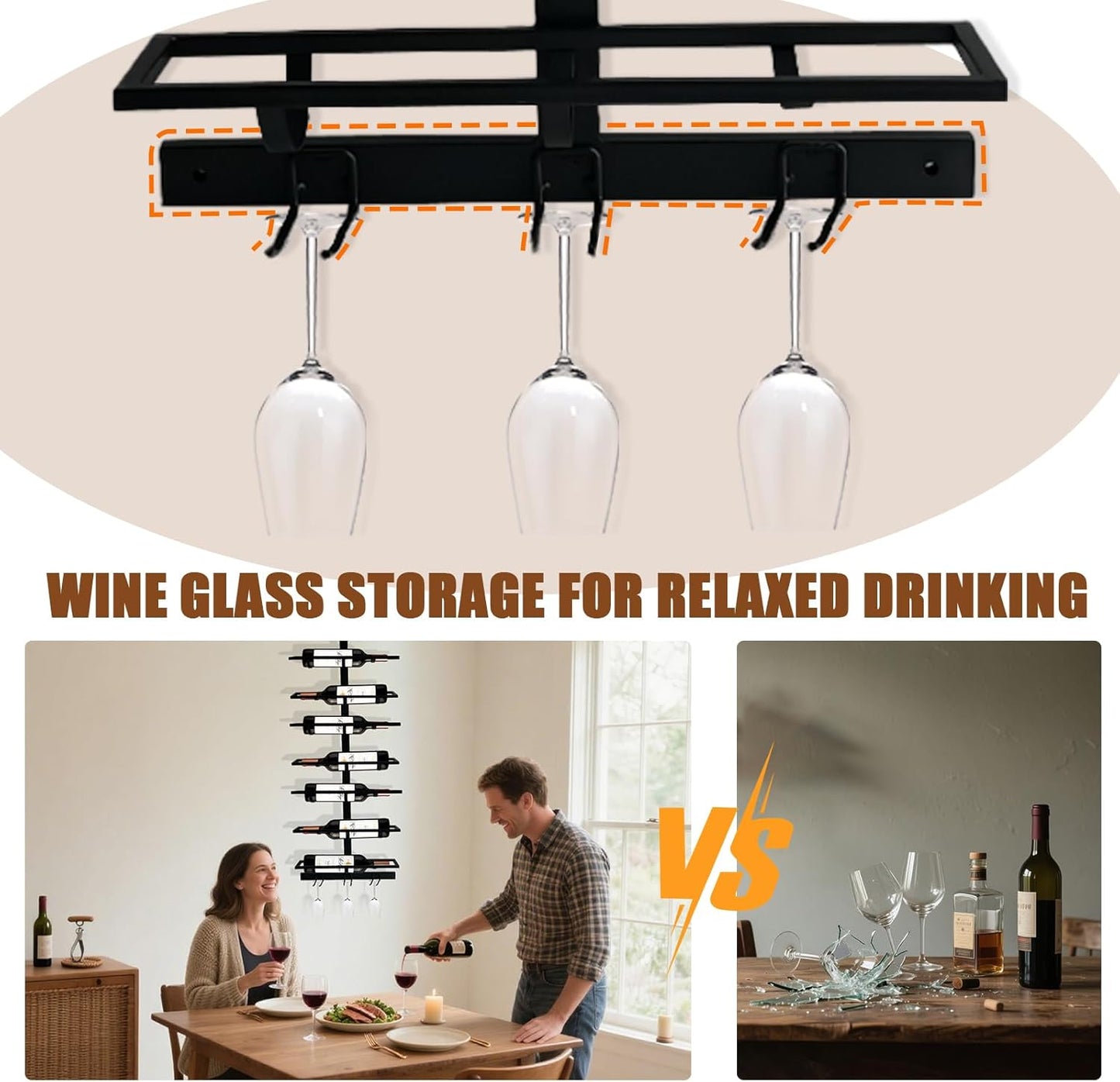 8 Bottle Wall Mount Wine Rack with Wine Glass Holder, Metal Wine Wall Rack, Wall Racks for Wine Bottles Display and Storage, Hanging Bottle Organizer for Living Dining Room Wine Cellar Bar (Black)