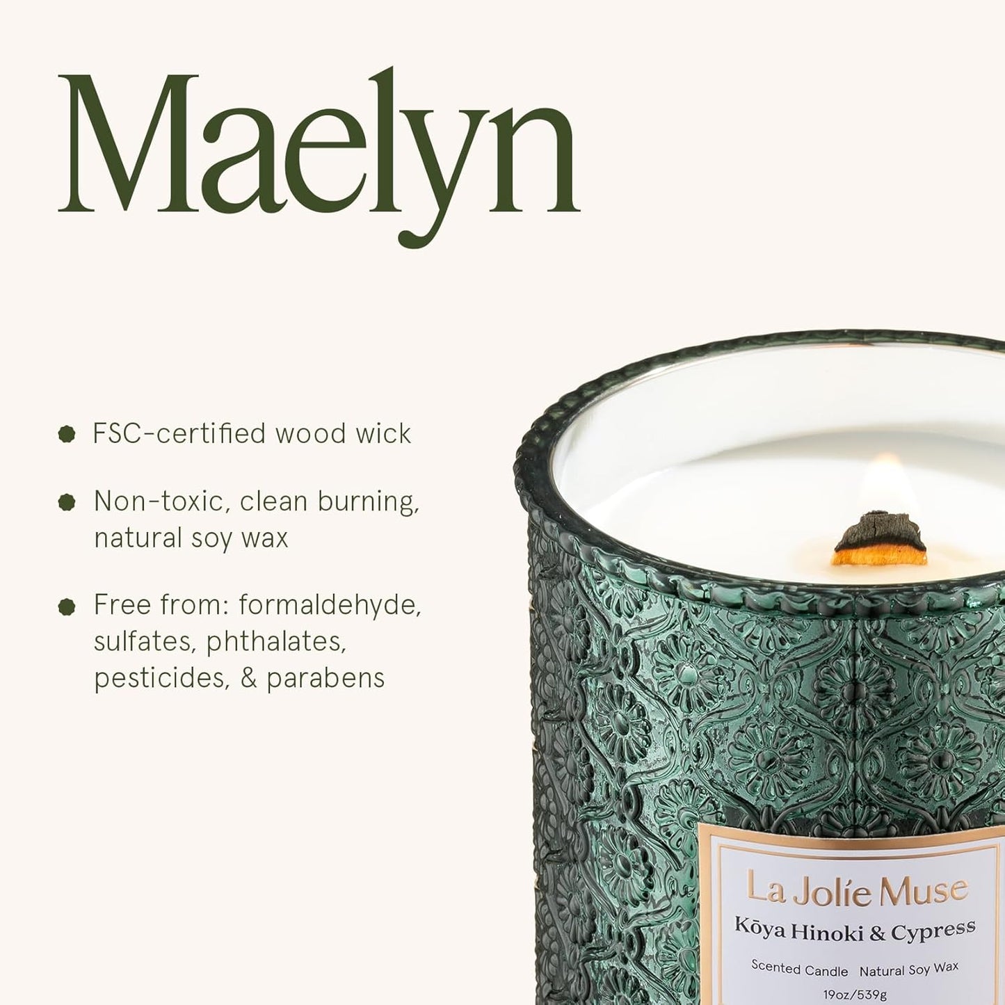 LA JOLIE MUSE Kōya Hinoki & Cypress Scented Candle – Pine, Leather & Hinoki | 19 oz Festive Christmas Candle | Wooden Wick | Clean Burn & Vibrant Scent | Fun Gift for Hosts & Fall Tablescapes
