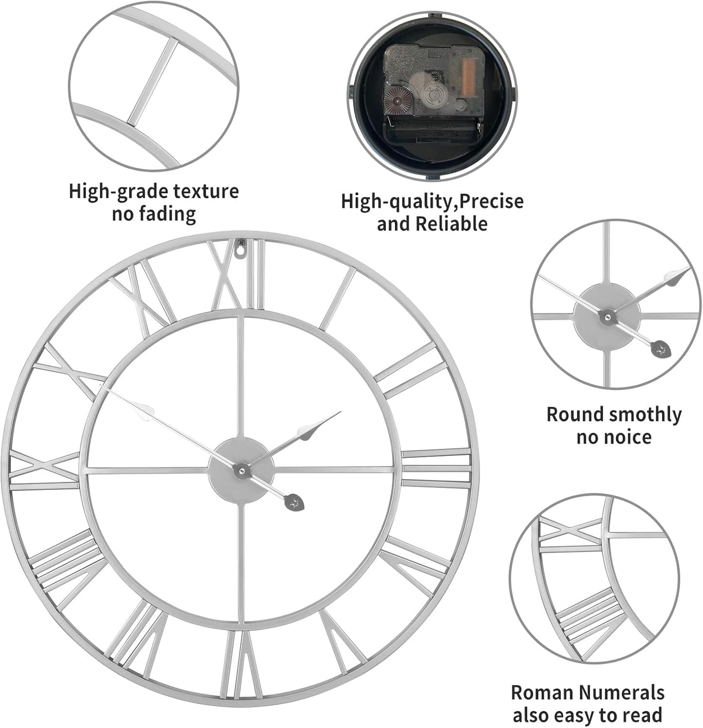 1st owned Large Wall Clock Silent Non-Ticking Roman Numerals Vintage Battery Operated (24 inch,18inch,16inch) Farmhouse Wall Clock for Living Room, Bedroom, Kitchen, Cafe Decor-Silver 47CM