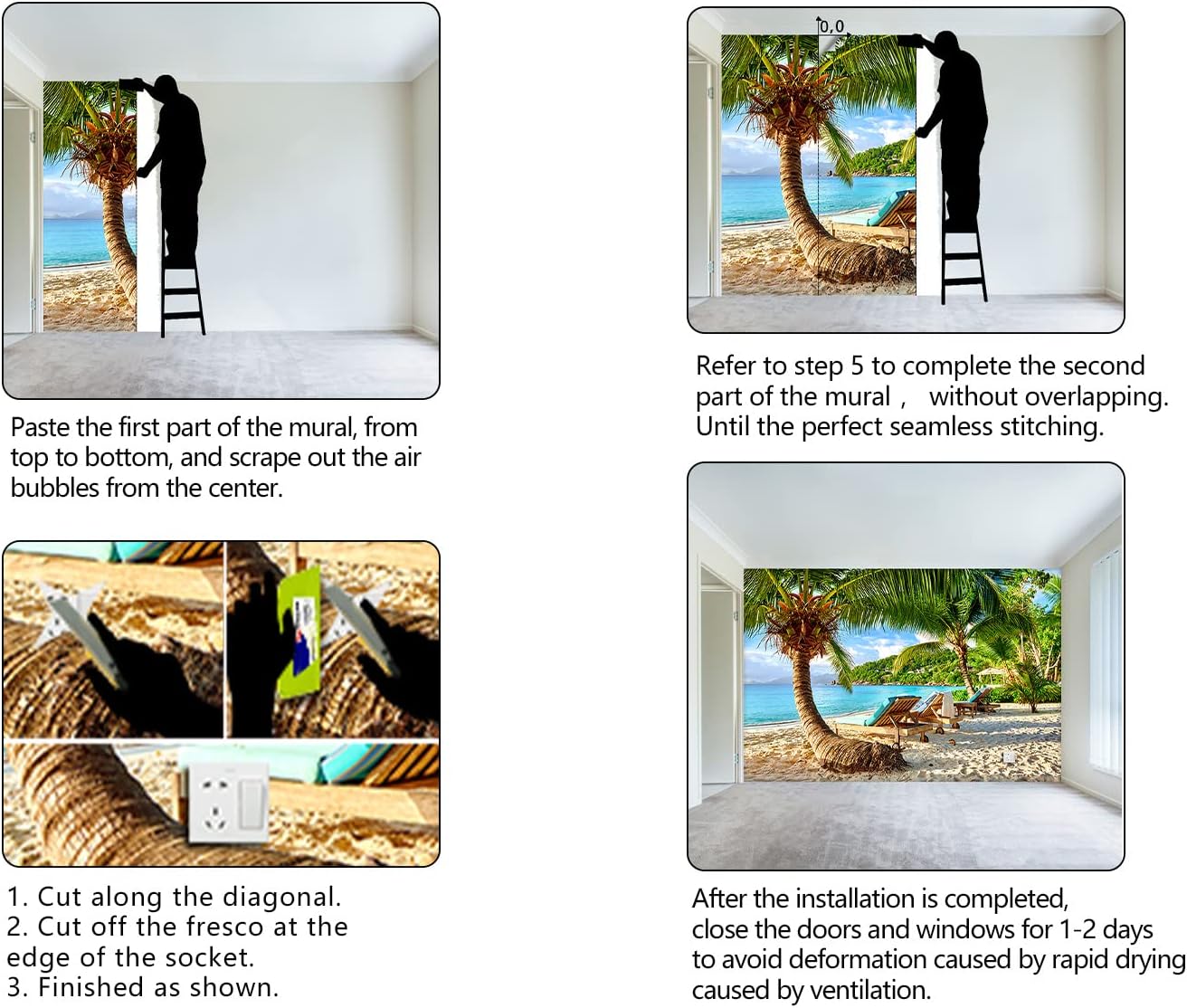 Classy Beach Backdrop Wallpaper for Bedroom Palm Tree Large Wall Mural Living Room Beach Scene Adhesive Fabric Decor - 160"x108"(Not Peel and Stick)