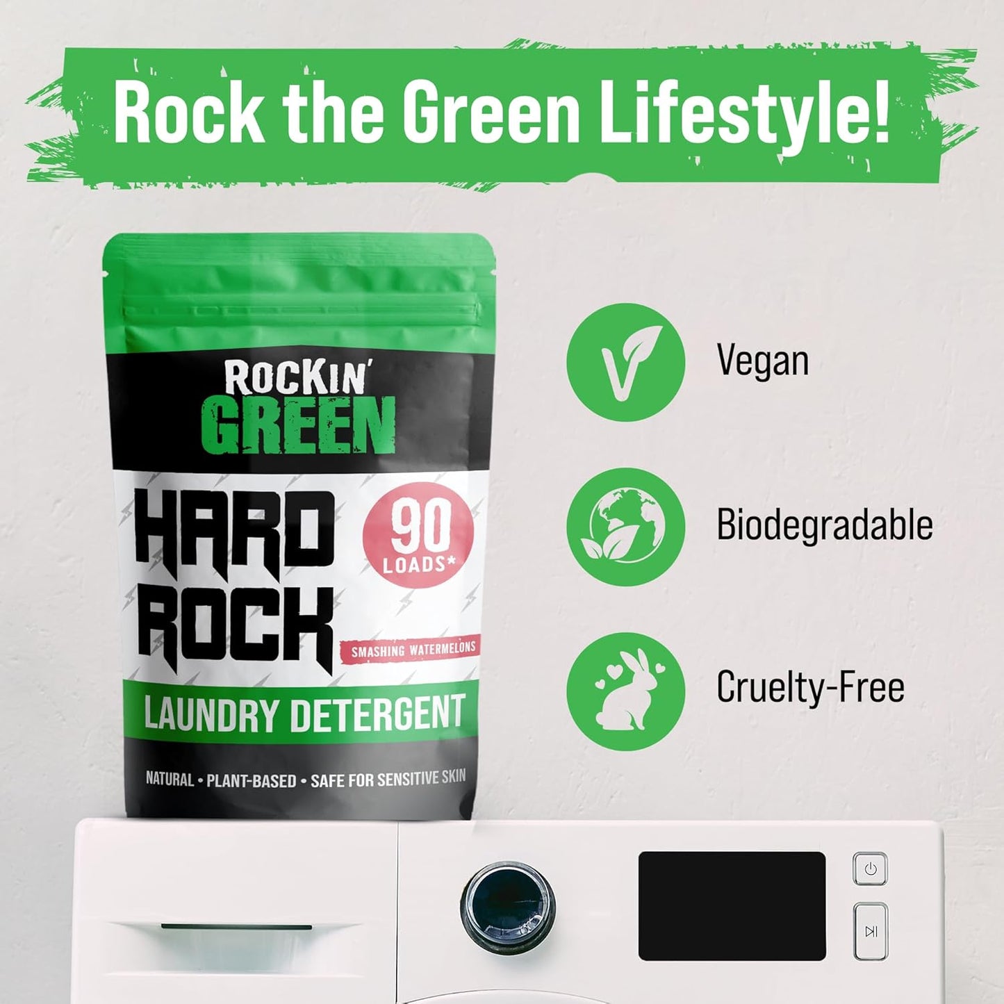 Rockin' Green Hard Rock Laundry Detergent for Hard Water (90 Loads), Plant based, Natural Laundry Detergent Powder, Biodegradable Odor Fighter, Safe for Sensitive Skin, 45 oz (Smashing Watermelons)