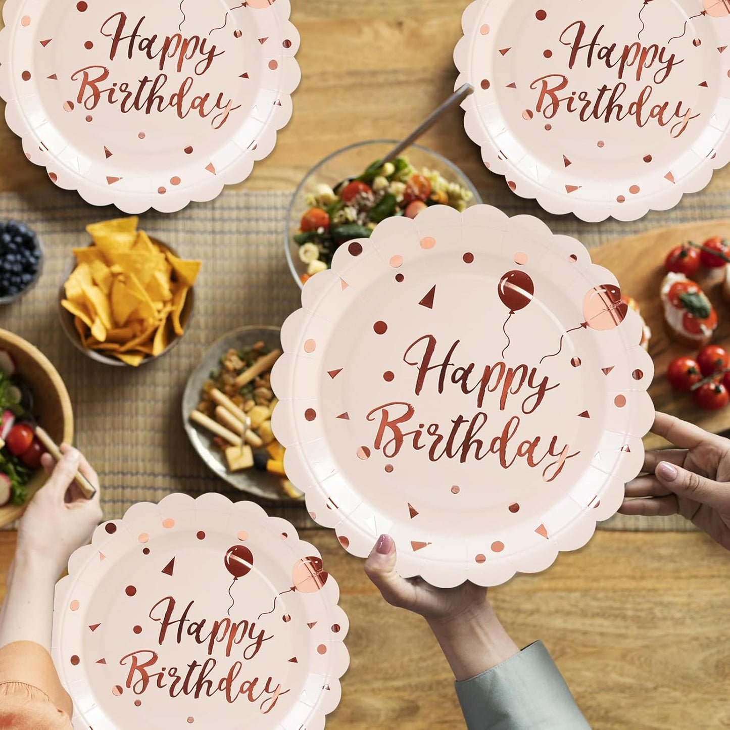 50PCS Pink Rose Birthday Paper Plates - 7 Inch Happy Birthday Cake Plates Scalloped Pink Dessert Plate Disposable Party Tableware Set for Girls Women Birthday's Party Supplies Decorations