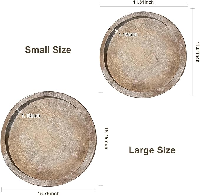 Round Wood Decorative Tray - Brown Washed Bead Tray for Coffee Table Wood Serving Tray Wooden Trays Decor Kitchen Counter Circle Tray Vintage Centerpiece for Living Room Candle Holder (15.75 inch)