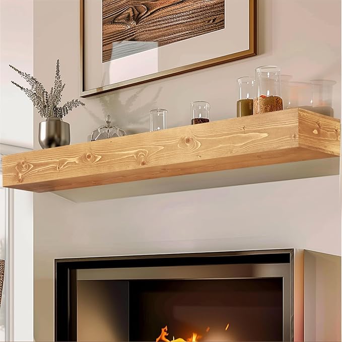 72x8x5 Fireplace Mantel - Handcrafted Rustic Solid Wood Wall Mounted Floating Shelf with Invisible Heavy Duty Wood Bracket (Natural)