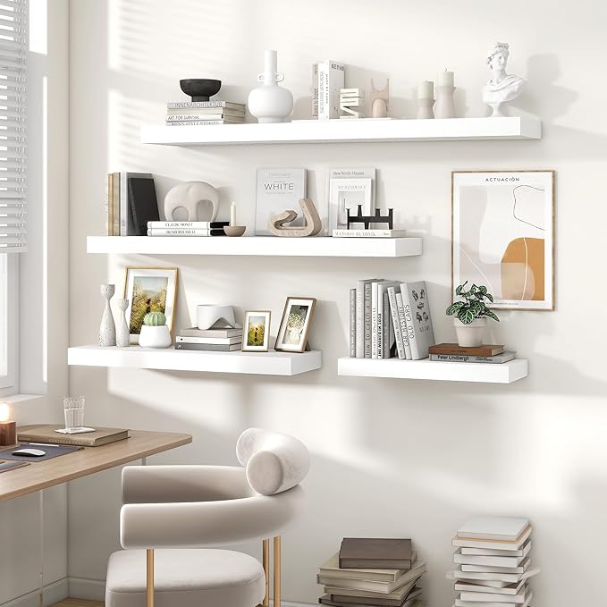 Heimlove 55 Inch Floating Shelves for Wall,10 Deep 10 Deep Large White Wall Shelf with Heavy Duty Brackets,Mounted Storage & Display Shelves for Bedroom,Living Room,Kitchen,Office,Set of 2