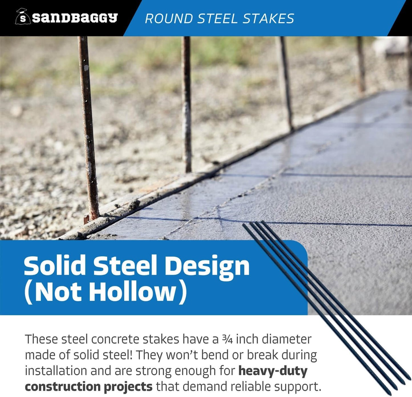 Sandbaggy Round Steel Concrete Form Stakes with Nail Holes - Rust Resistant Coating - Removable, Reusable (100, 3/4 in X 48 in)