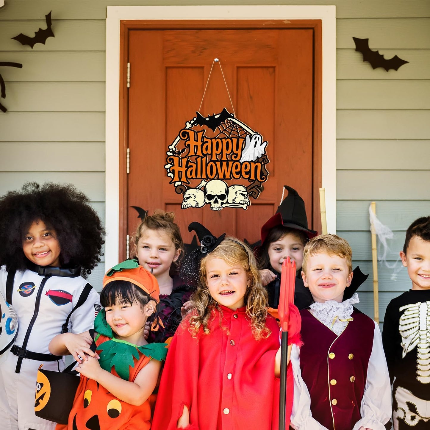 Halloween Door Wreath, Happy Halloween Sign Wooden Ghosts Skulls Bats Halloween Wreaths for Front Door, Halloween Door Decorations Indoor Outdoor Sign