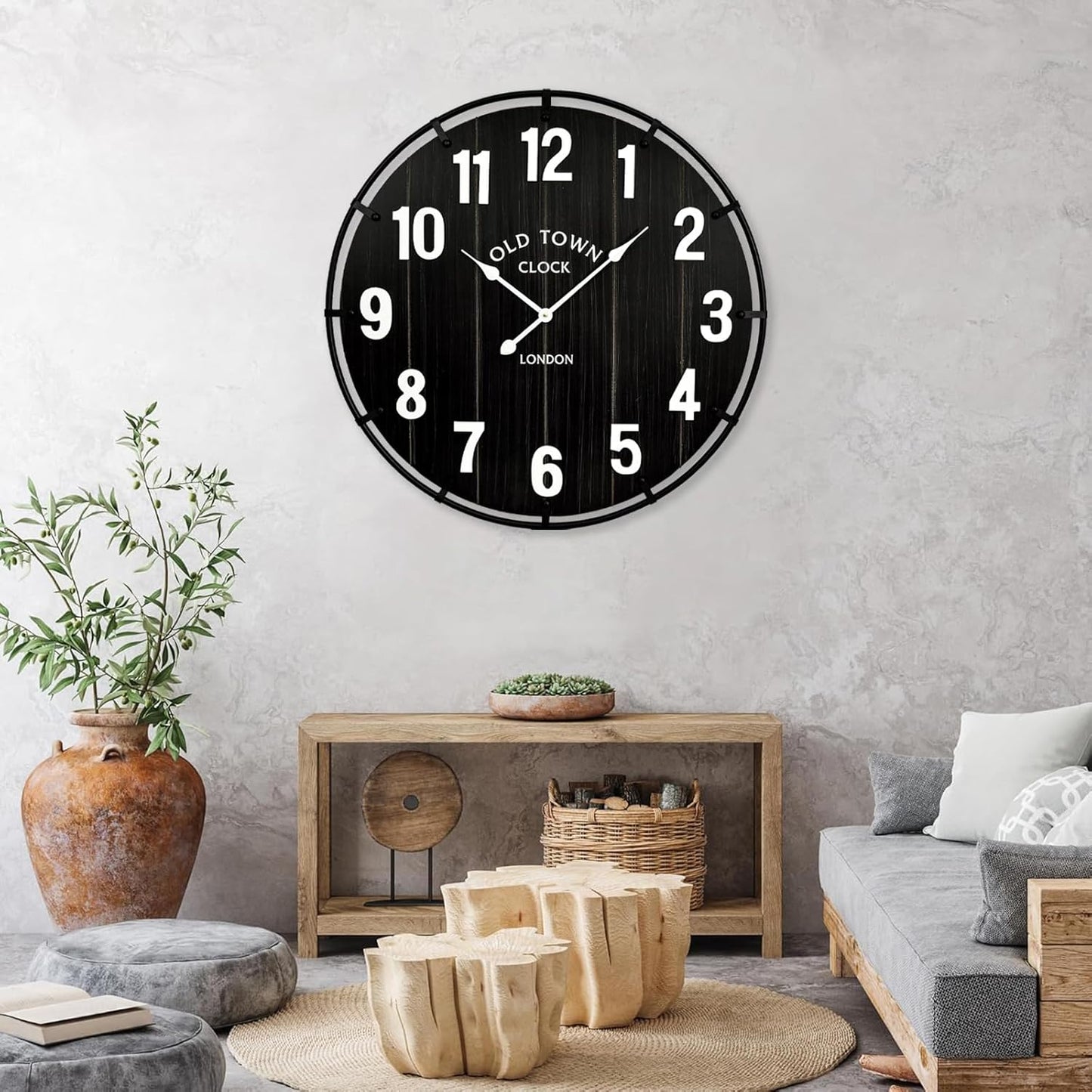 Farmhouse Black 24 Inch Wooden Large Wall Clock, Silent Non-Ticking Quartz Movement, Battery Operated Modern Rustic Clock for Living Room, Kitchen, Office, Home Decor