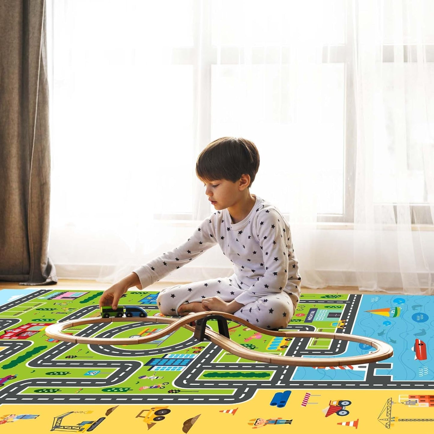 Kids Rug Playroom Car Rug Play Mat City Life Road Rugs Fun City Map for Kids Toy Cars Carpet for Bedroom Boys (Green-Rug, 3.3x4.9ft)