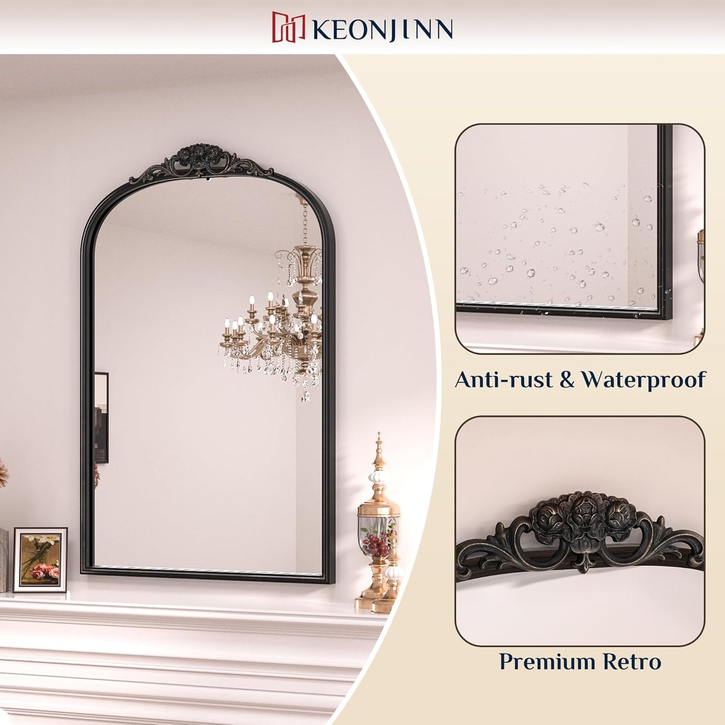 Keonjinn Vinatge Mirror 24" x 36", Black Wall Mirror Decorative, Antique Decor with Metal Frame, Baroque Arched Mirror for Mantle, Bathroom, Living Room, Hallway, Fireplace