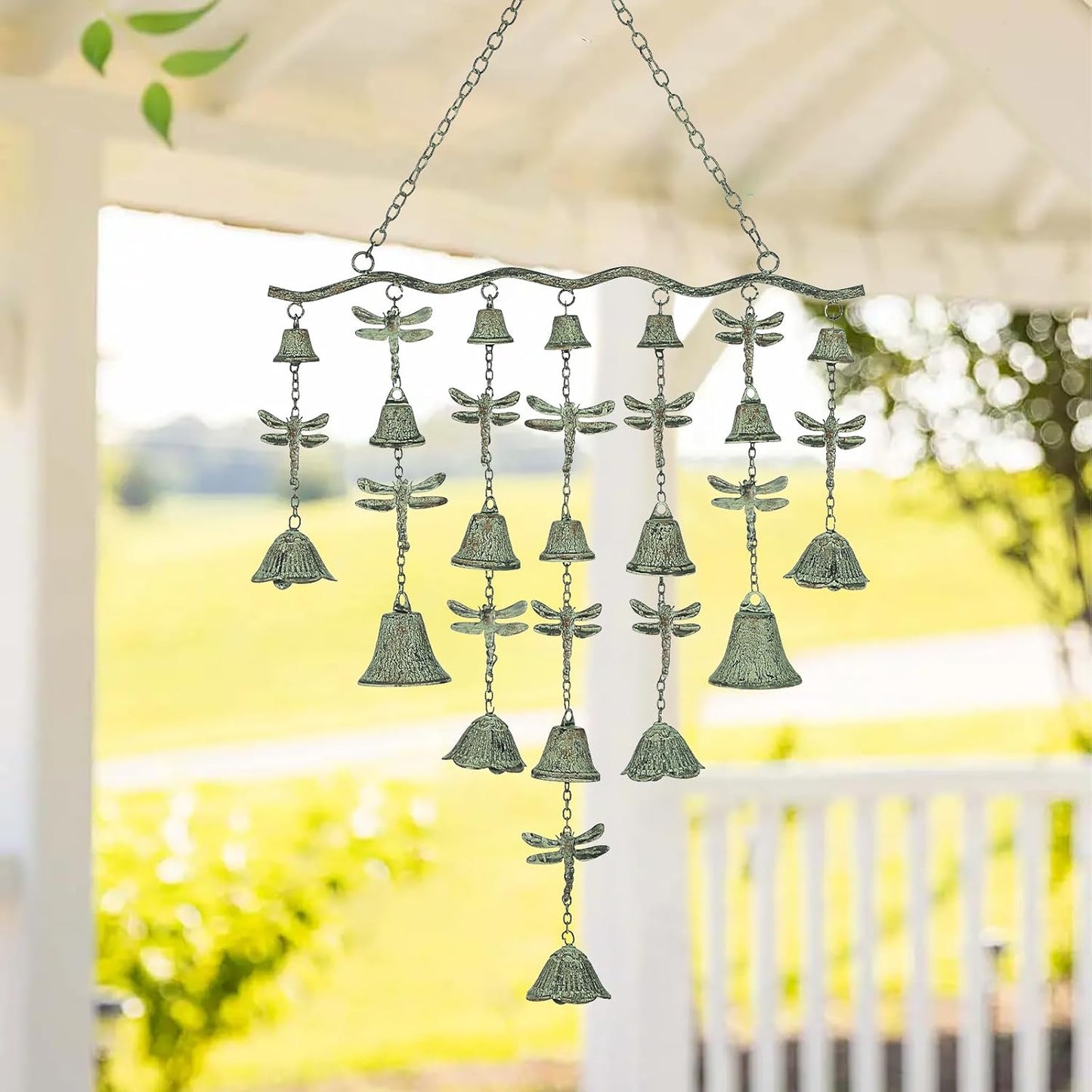 Dragonfly Wind Chimes for Outside, Large Strung Verdigris Windchimes with Wrought Iron Bell for Garden, Patio, Porch Outdoor Decor, Memorial Sympathy