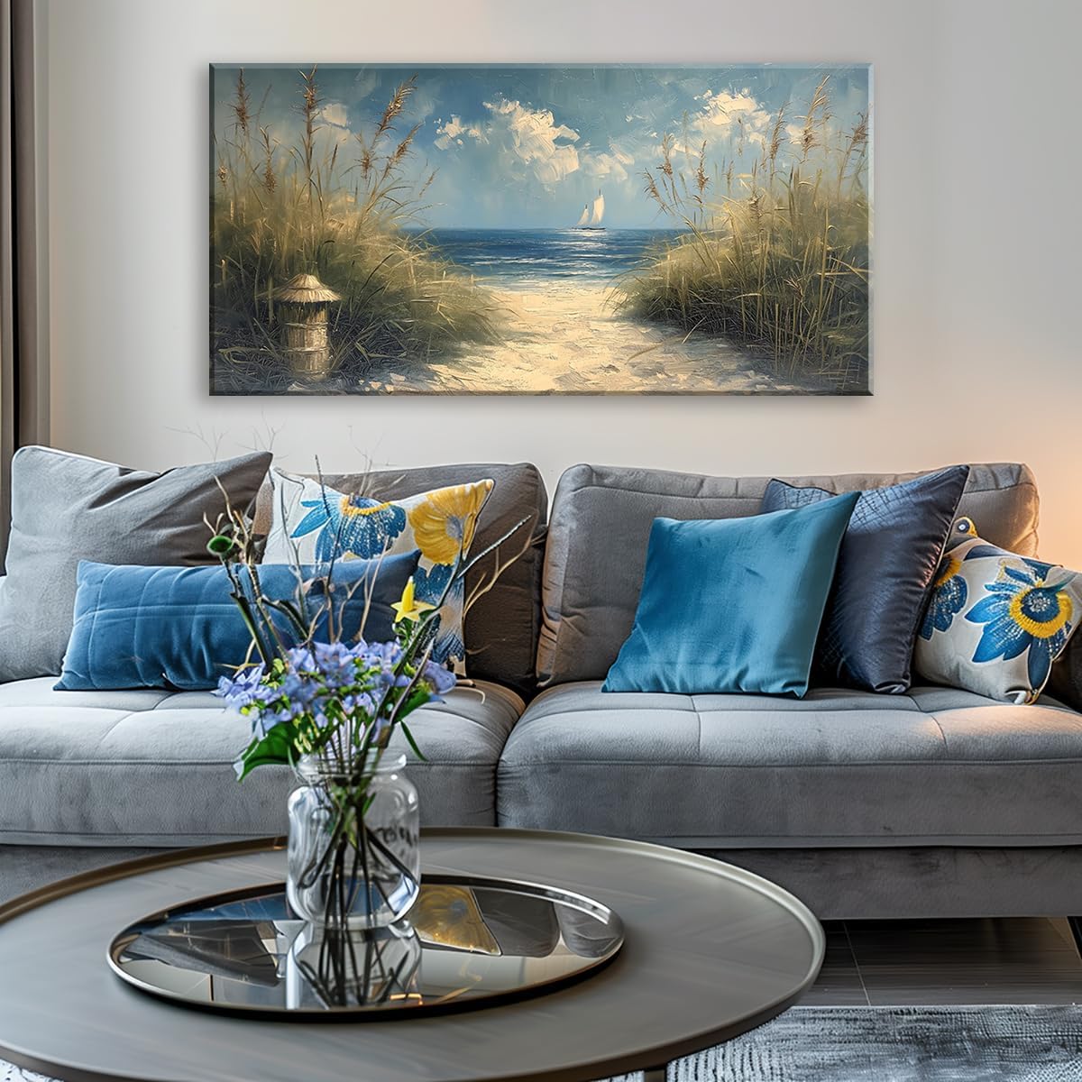 LASMOND Beautiful White Sandy Beach by Seaside Landscape Wall Art Decor Artwork for Bedroom Living Room (58x28Inches)