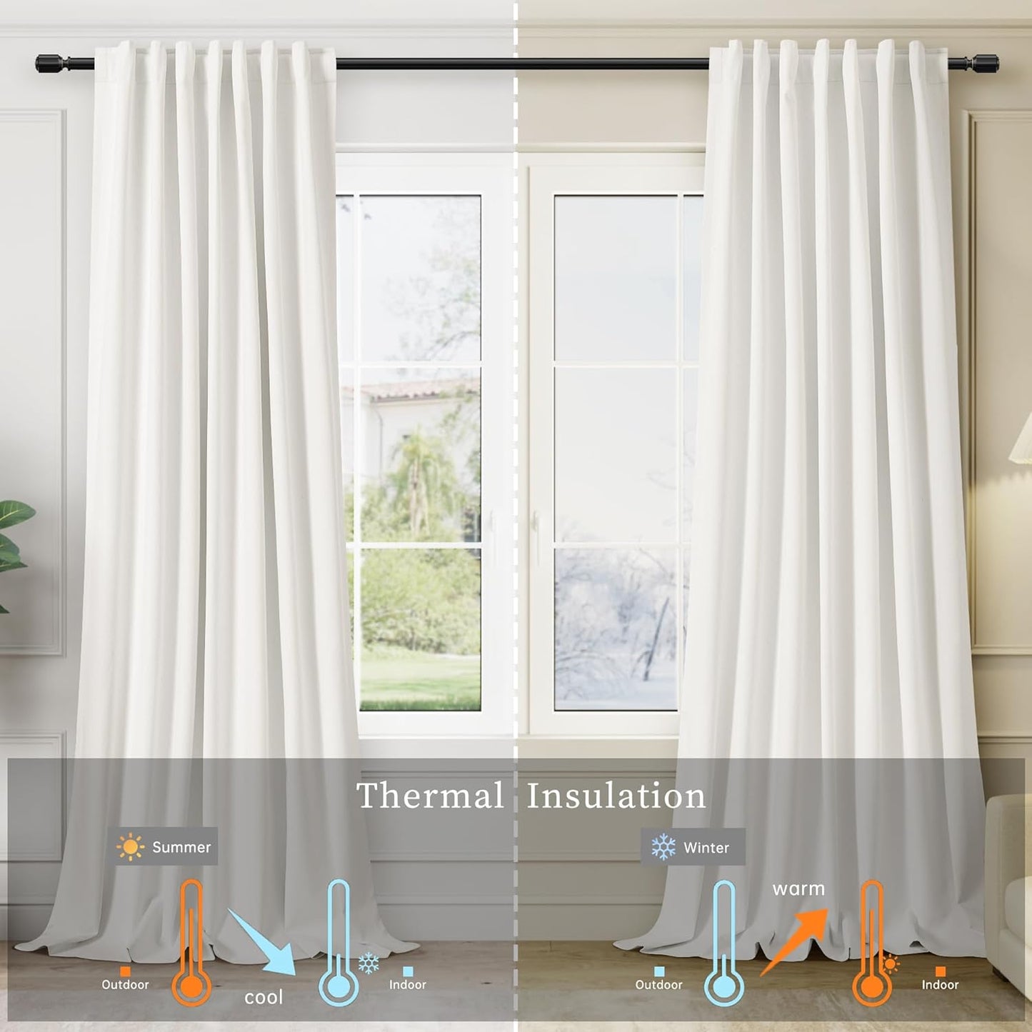 Ivory White Black Out Curtains 72 Inch Long for Bedroom Window Room Darkening Full Light Blocking Curtains Back Tab Neutral Elegant Off White Blackout Curtain Thermal Insulated Linen Drapes 52x72