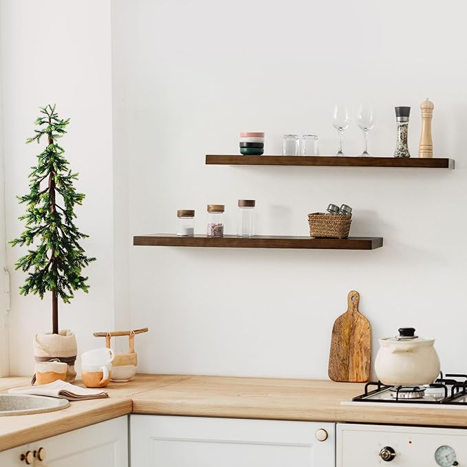 Floating Shelves 36 Inches Long - 8 Inch Deep Rustic Solid Pine Wood for Storage - Farmhouse Wall Mounted for Living Room - Heavy-Duty Metal Bracket - 36" W x 8" D - Set of 2 - American Walnut Color