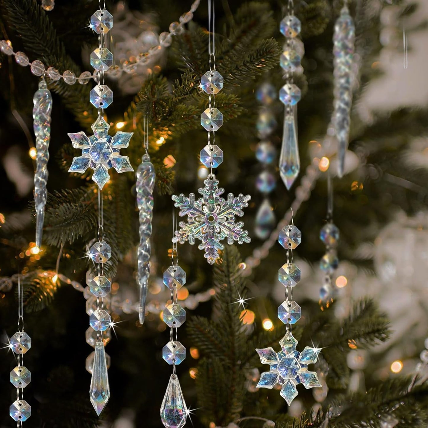 80pcs Christmas Crystal Snowflake Ornaments for Tree - Iridescent Christmas Acrylic Snowflakes Drop Icicle Pendants Hanging Ornaments for Xmas Tree Winter Holiday Frozen Wedding Party Decorations