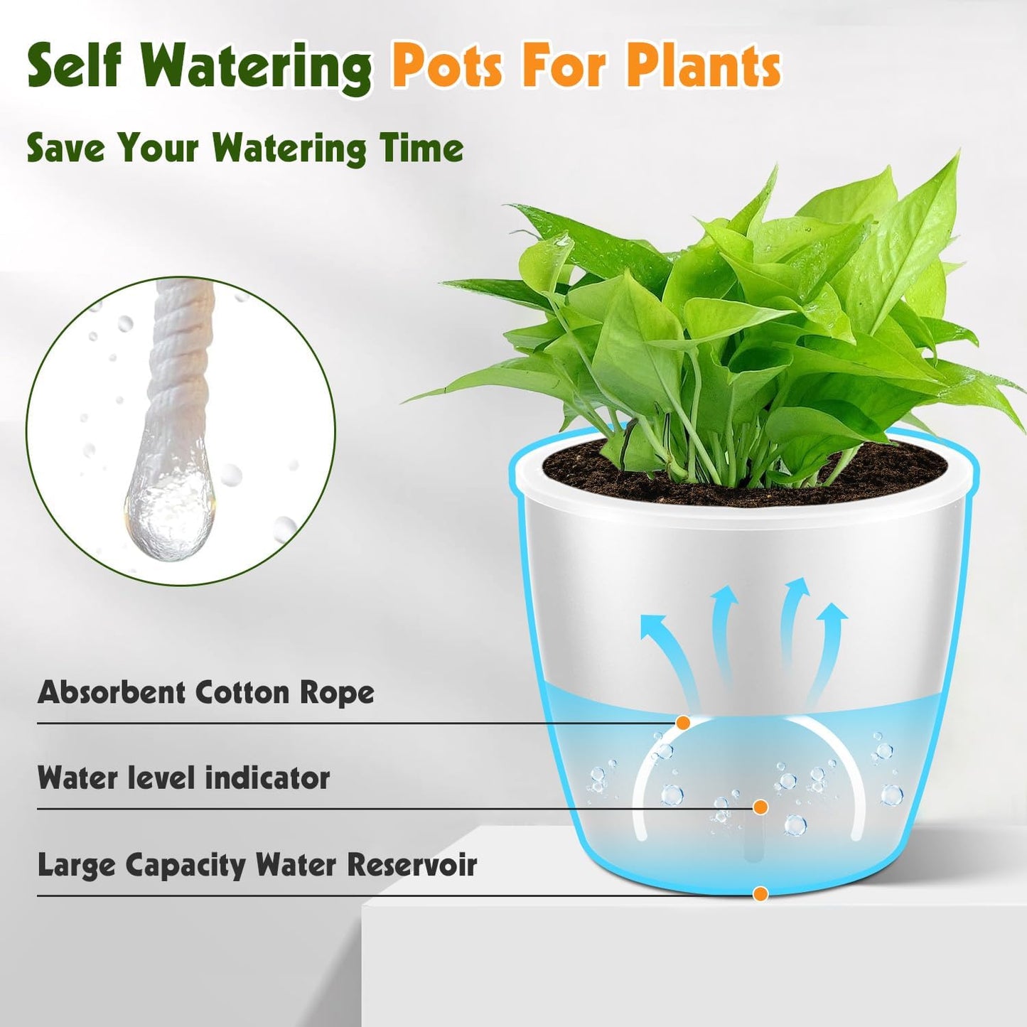 Self Watering Pots for Indoor Plants, 12-Pack 5'' Self Watering Planter with Drainage Holes, Small African Violet Pots with Water Level Indicator, Clear Wick Pot, White/Black