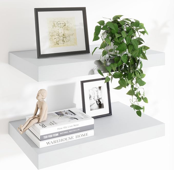 Heimlove 24 x 12 Inch Deep Floating Shelves Wall Mounted with Invisible Brackets,Storage Hanging Shelf for Wall Decor in Bathroom, Bedroom, Toilet, Kitchen, Living Room, Office Set of 2 (White)