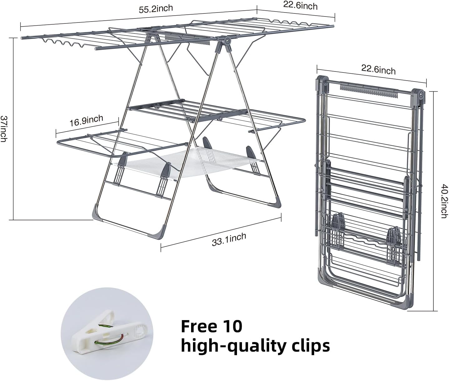 Clothes Drying Rack, Foldable 2-Level Laundry Racks for Drying Clothes Rack,Stainless Steel Drying Rack Clothing Collapsible for Indoor Outdoor,with Height-Adjustable Wings,33 Drying Rails,Gray
