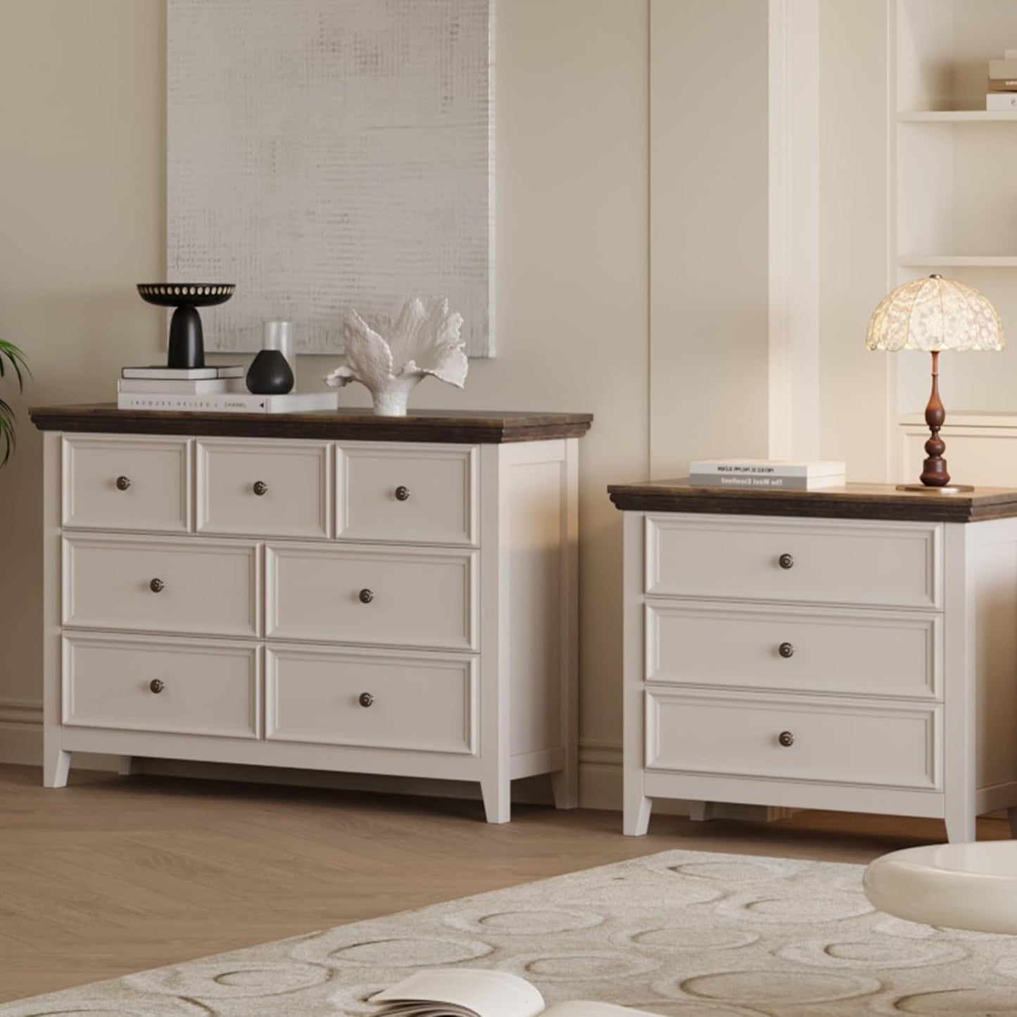 BLANKSPACE 7 Drawer Dresser, Modern Farmhouse Dresser Chest of Drawer for Bedroom, Chest of Drawers Storage Cabinet for Living Room, Entryway, Hallway, Antique White