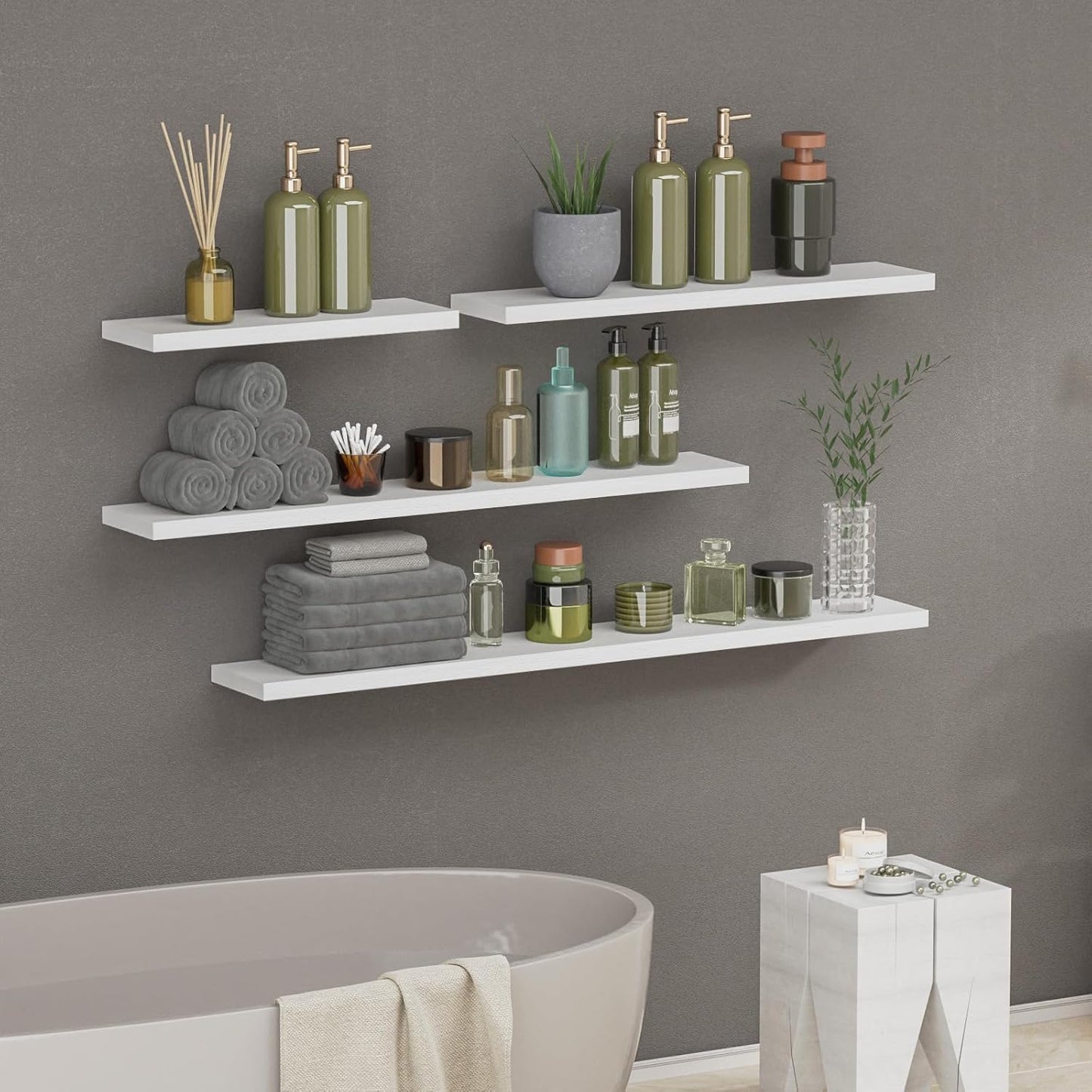 SAUMONIERES Floating Shelves 8 Inch Deep Solid Wood Wide Wall Shelf Set of 1 Wall Mounted for Bedroom Bathroom Living Room Kitchen, 55 Inch White