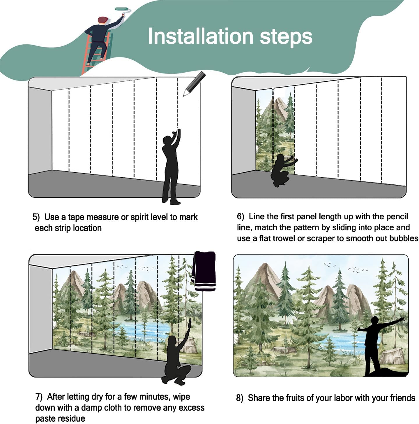 -Watercolor Green Pine Mural Cartoon Forest Fabric Wallpaper Children's Room 100" x 65"(Not Peel and Stick)