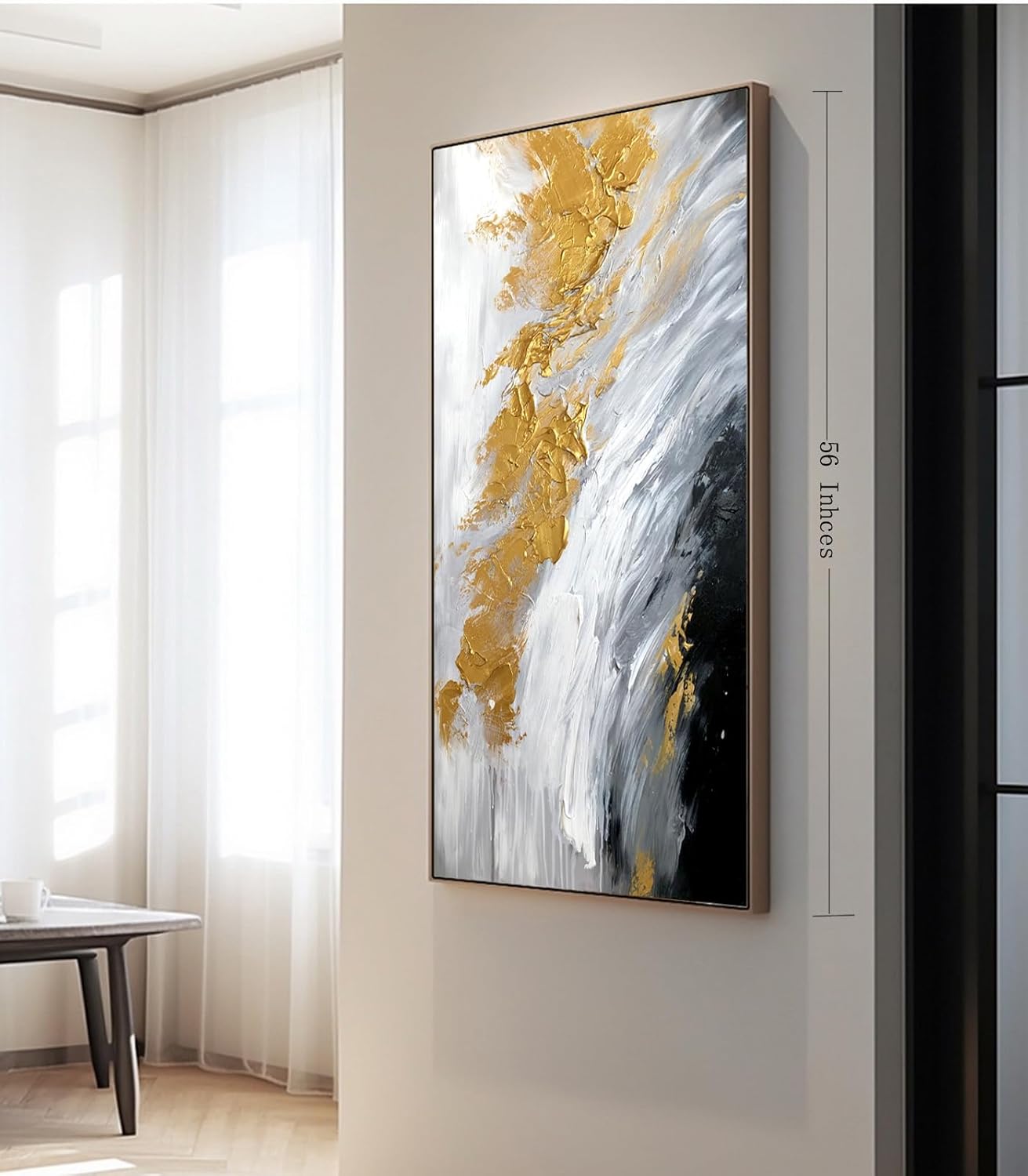 Large Gold Abstract Oil Painting on Canvas for Entrance-Hall, Hand Painted White and Black Wall Art for Living Room,Modern Framed Wall Picture for Bedroom Kitchen Home Decoration 28x56inch