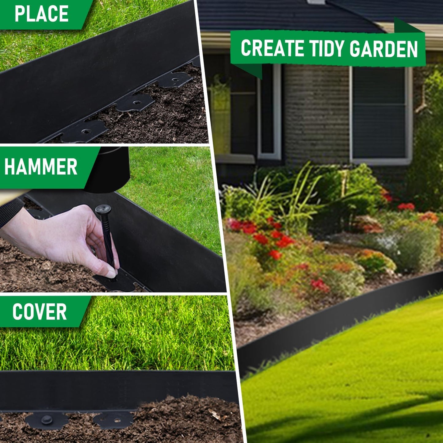 Hugeleaf Landscape Edging Kit 40 Feet with 48pcs Spikes, 4 Inches Garden Edging Flexible Landscape Lawn Border for Flower Beds Yard Pathway