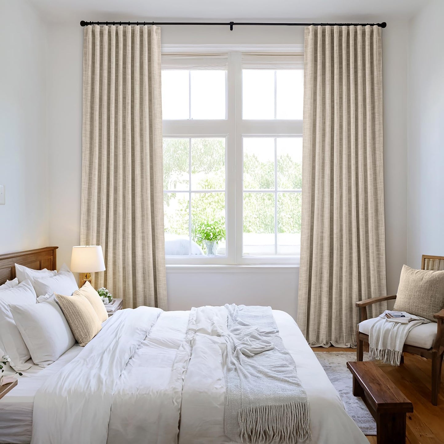 MIULEE Beige 100% Blackout Linen Curtains 94 Inch 2 Panels Set Double Sided No Coating Pleated Back Tab Black Out Long Thermal Insulated Pinch Pleat Bedroom Living Room Darkening Window Drapes