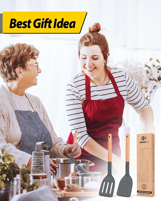 Pack of 2 Silicone Cooking Spatula, Heat Resistant Solid Turner, Non Stick Slotted Spatulas with Wooden Short Handle,Ideal Wood Kitchen Utensils Set for Frying, Baking, Flipping, Turning