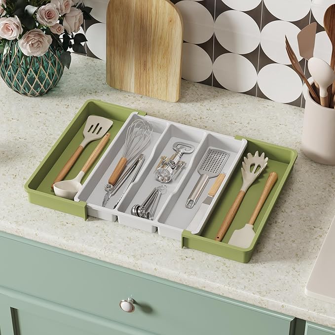 Lifewit Utensil Organizer for Kitchen Drawers, Expandable Cooking Utensil Tray, Adjustable Cutlery Silverware Flatware Holder, Plastic Spatula Tools and Gadgets Storage Divider, Large, Green&White