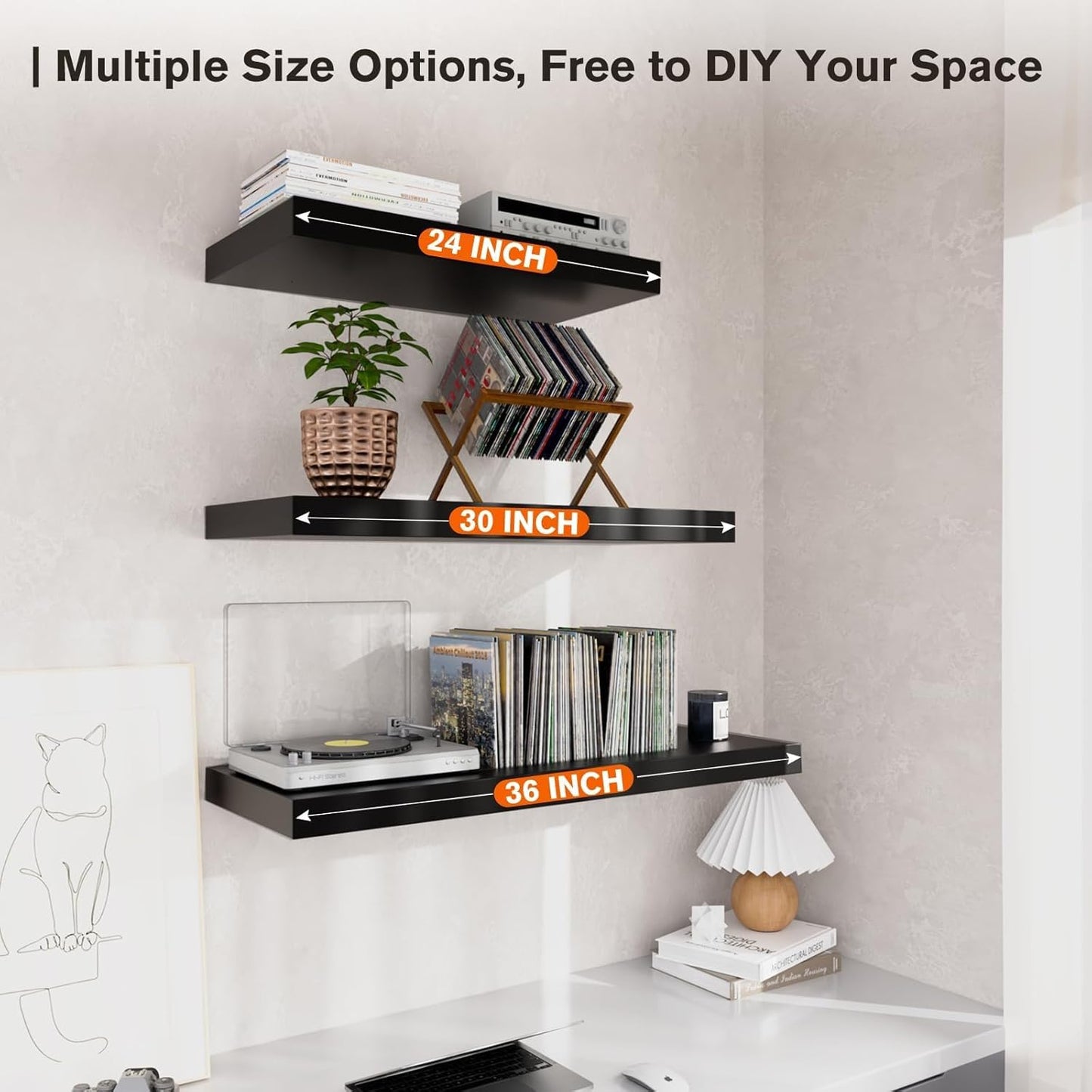 Floating Shelf, Set of 2 Wall Shelf, 24 in W x 12.75 in D x 2 in H Wooden Floating Wall Shelf with Invisible Brackets for Living Room/Bedroom/Bathroom/Kitchen Storage and Decor, Black