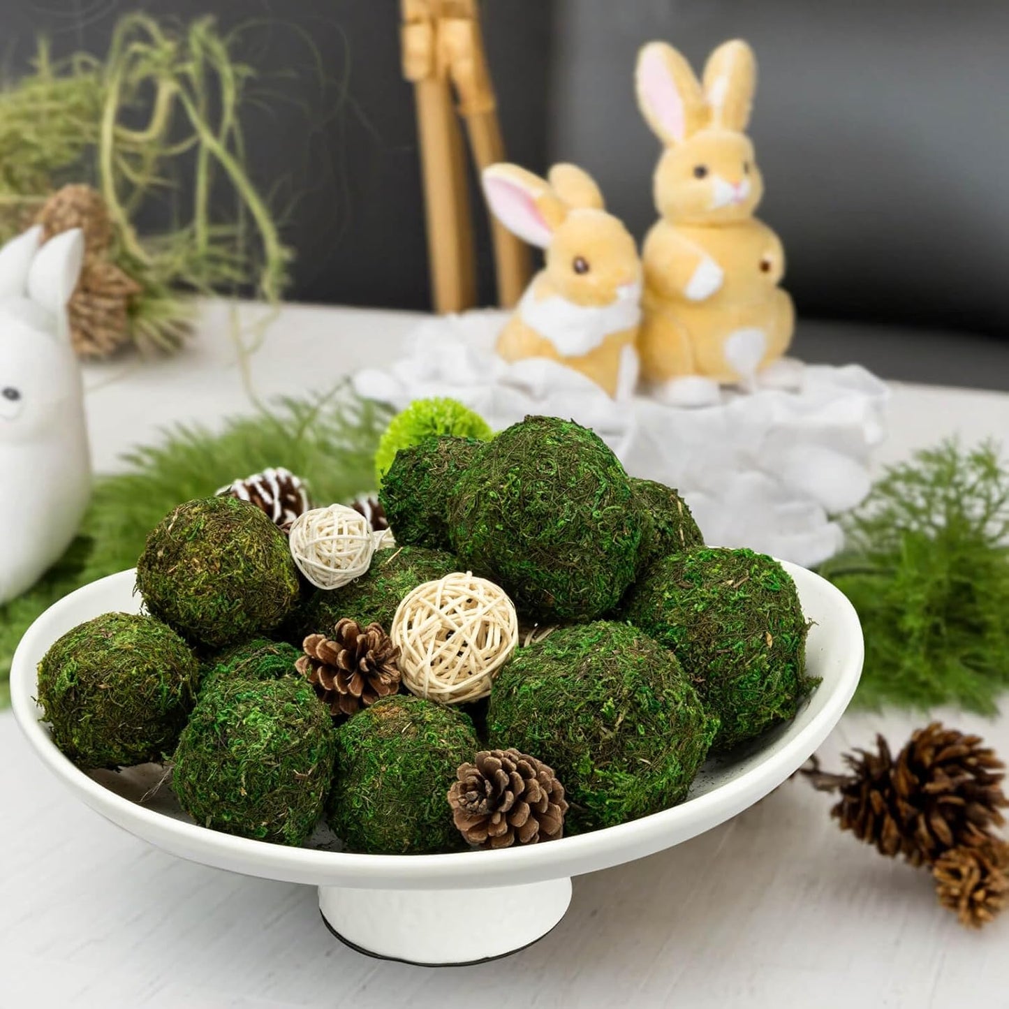 NAHARO Elegant Ceramic Bowl with Moss Ball Set-13.2x10.5 Decorative Bowl with 18pc Decorative Balls for Farmhouse Table Centerpiece, Living Room or Home Decor