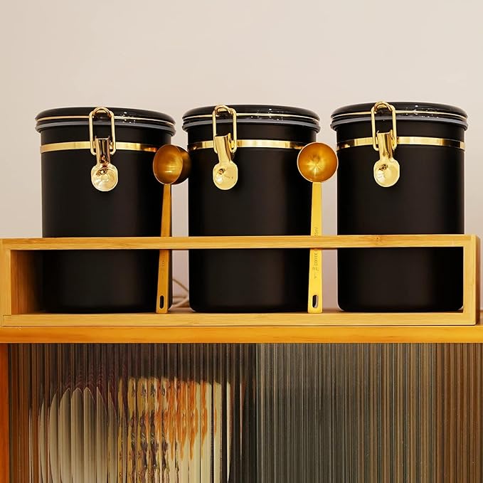 Yangbaga 304 Stainless Steel Coffee Canisters for Ground Coffee,3 x 63 OZ Coffee Container with Shelf Coffee Bean Storage, Food Storage Jar with Gold Airtight Locking Clamp and Spoon for Kitchen