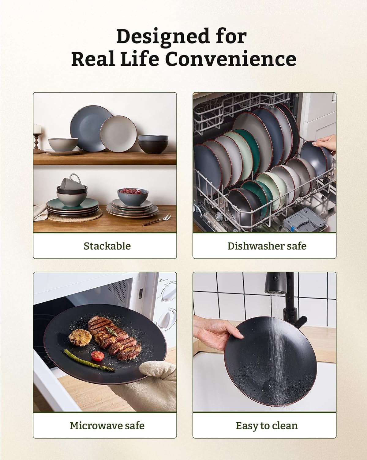 Famiware Venus Plates and Bowls Sets, 18 Pieces Stoneware Dinnerware Sets, Dishes Set for 6, Microwave and Dishwasher Safe, Matte Black