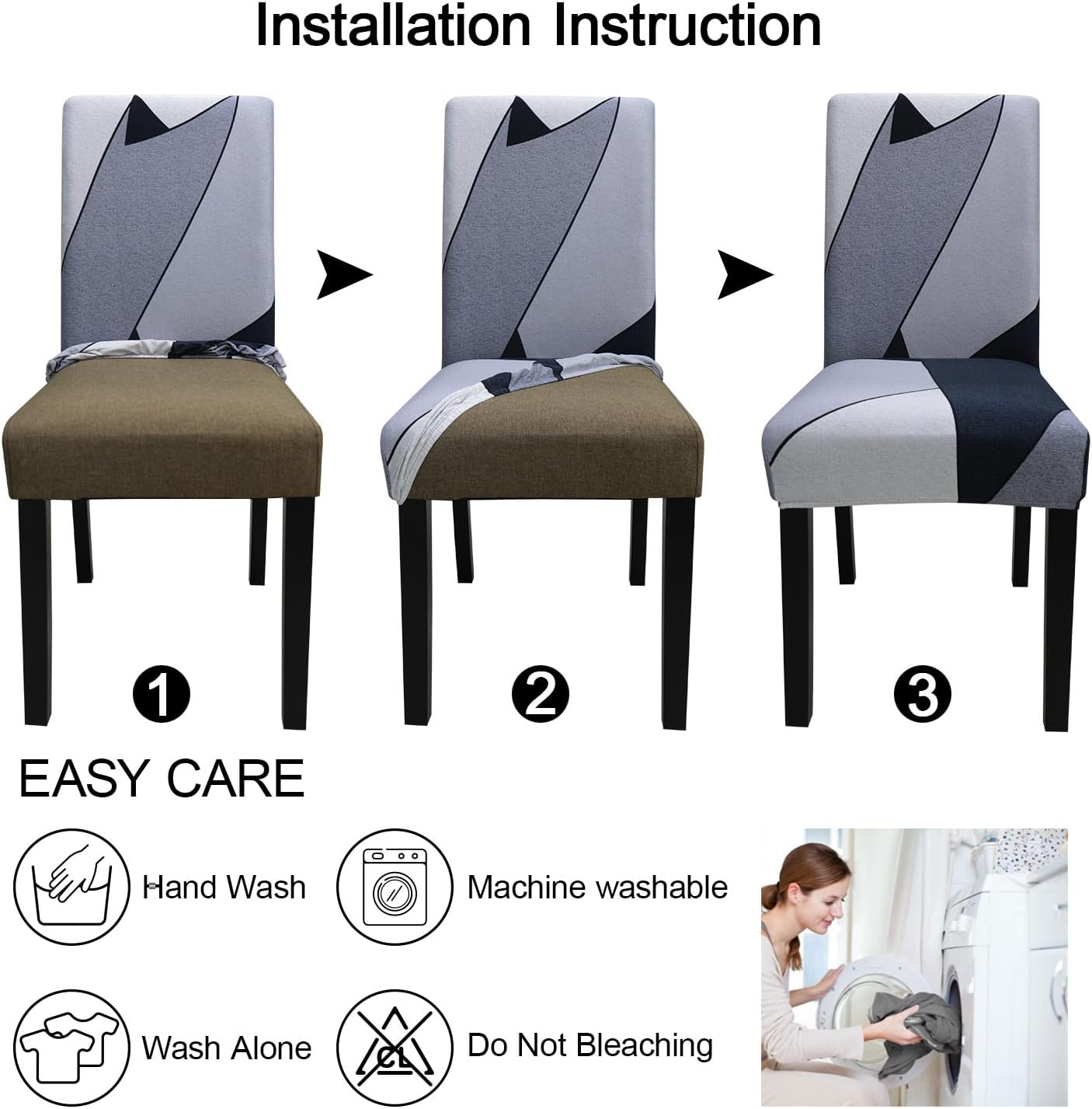 JQinHome Pattern Chair Covers for Dining Room Set of 6, High Stretch Removable Washable Parsons Chair Slipcover for Home Party Hotel Wedding Ceremony (White Grey,6PCS)