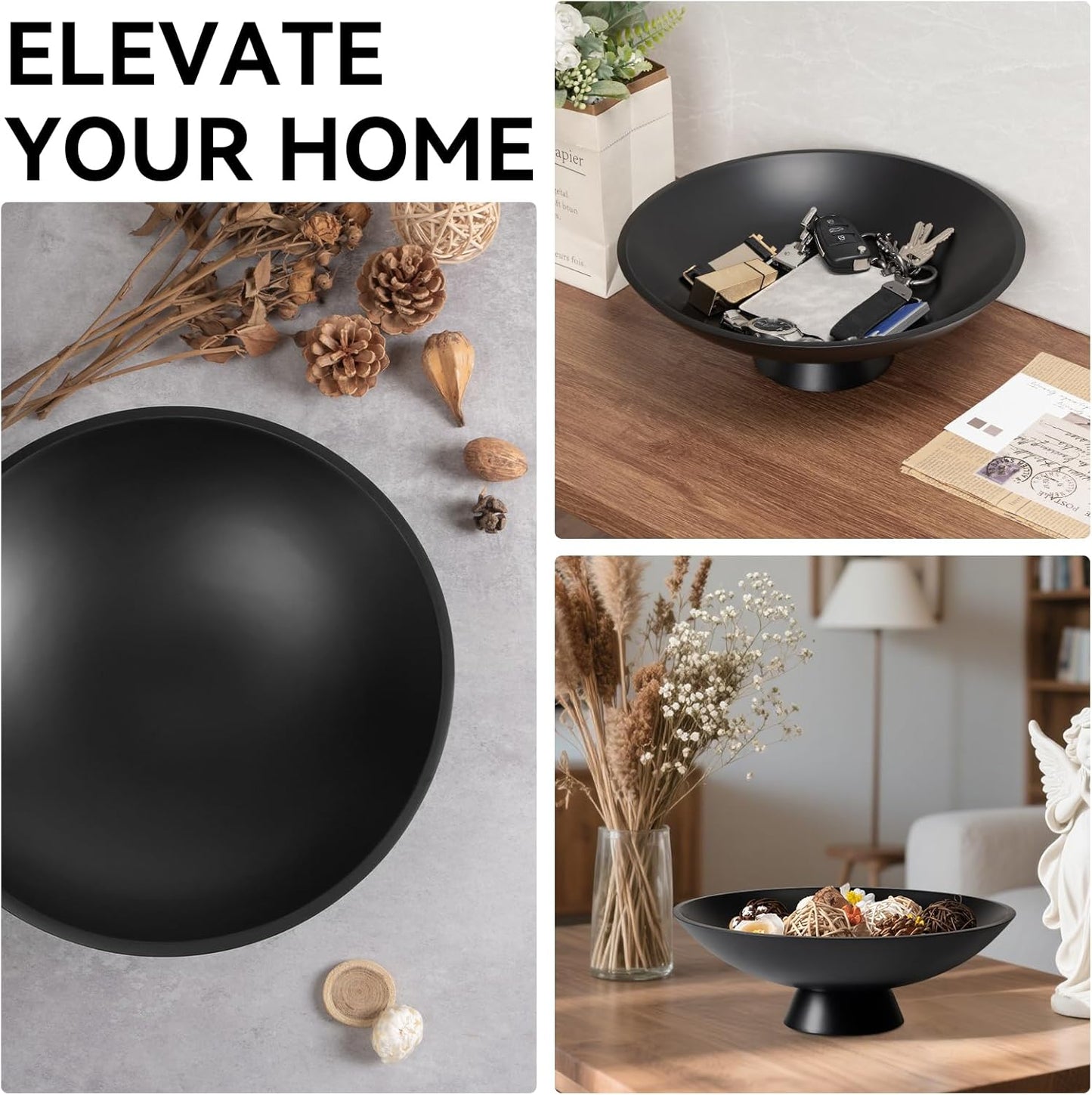 Decorative fruit bowl for Home Decor Large Modern Handicraft Key Bowl for Entryway Table Stylish Centerpiece Purse Bowl Pedestal bowl for Kitchen Counter Coffee Table(Artificial Stone Black)