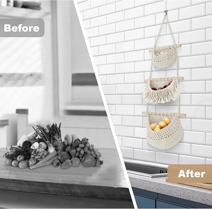 Hanging Baskets for Organizing, 3 Tier Detachable Wall Hanging Fruit Basket Over the Door Organizer for Fruit Vegetable Plant, Beige Boho Cotton Crocheted Fruit Holder for Kitchen Bathroom Bedroom