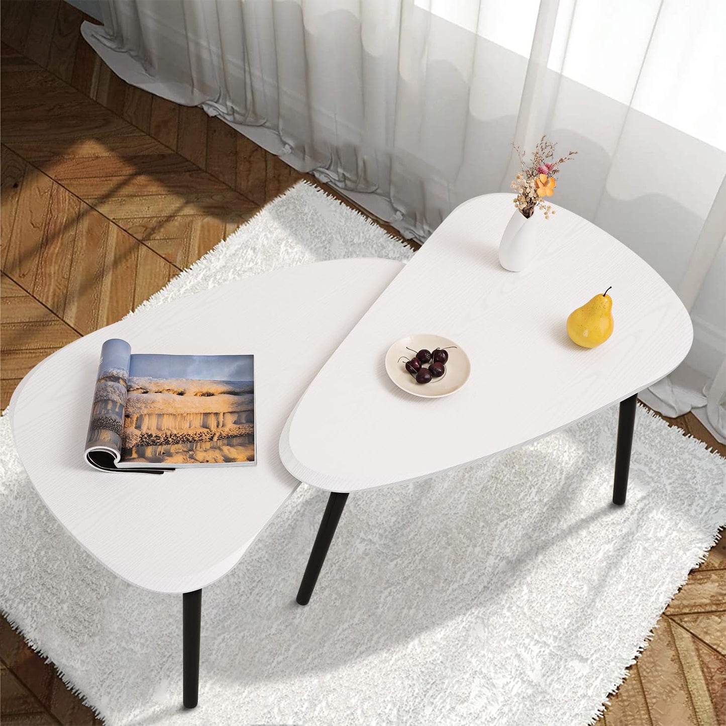 Nesting Triangle Coffee Table End Tables Set of 2 for Living Room Bedroom, Industrial Small Stacking Side Tables for Couch, White