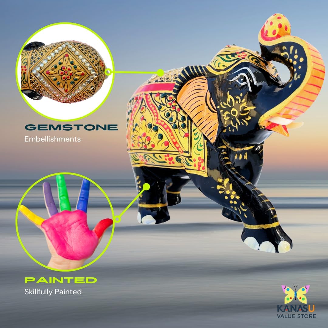 Handcrafted Wooden Elephant Figurine โ Traditional Artwork, Gold & Gemstone Embellishments โ Lucky Decorative Elephant Statue for Prosperity | Beautiful Elefantes Decorativos para Sala (Black & Gold)