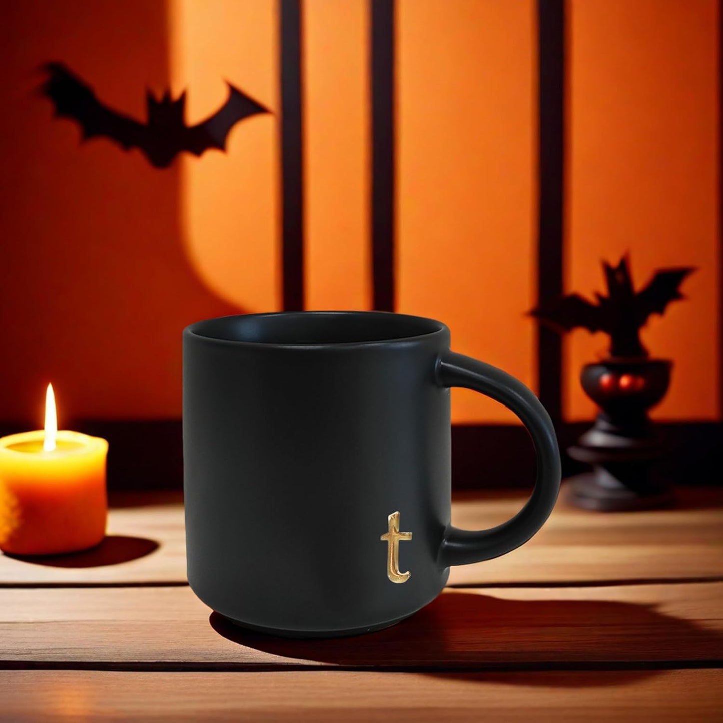 COLLECTIVE HOME - Black Monogram Ceramic Mugs, 15 oz Golden Initial Coffee Cups, Elegant Alphabet Tea Mugs, Personalized Halloween Mug with Gift Box, Perfect for Office and Home Décor (t)