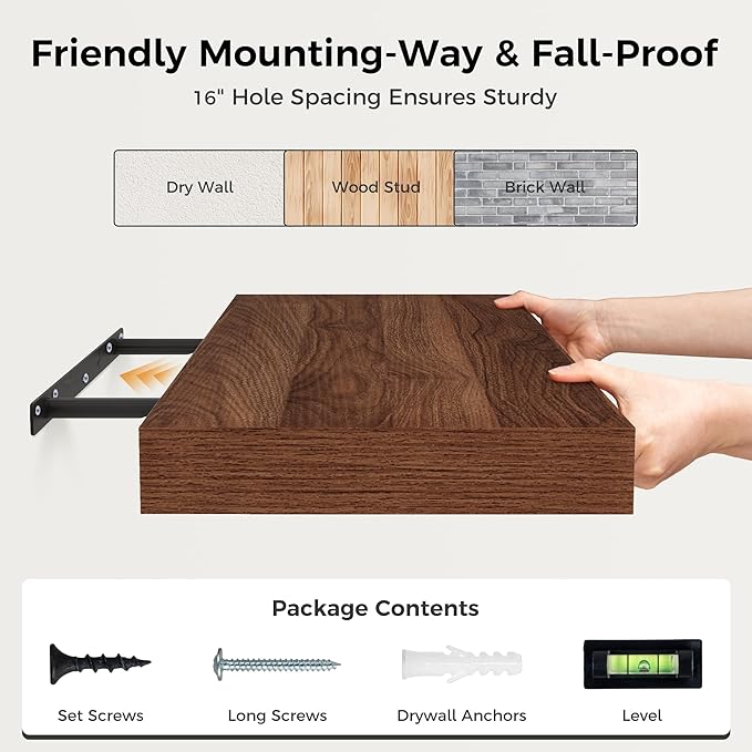 12 Inch Deep Floating Shelves, 16 x 12 Floating Shelf for Books, Rustic Wood Deep Wall Shelves for Home Storage & Display, 2" Thicked Shelves for Kitchen, Living Room, Bedroom, Walnut Color, 2 Pack