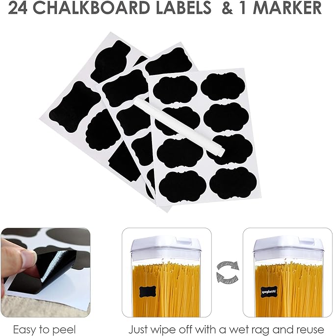 Vtopmart 4 PCS Airtight Food Storage Containers, BPA Free Plastic Spaghetti Pasta Containers with Easy Lock Lids, for Kitchen Pantry Organization and Storage, Include 24 Labels, 1.8L