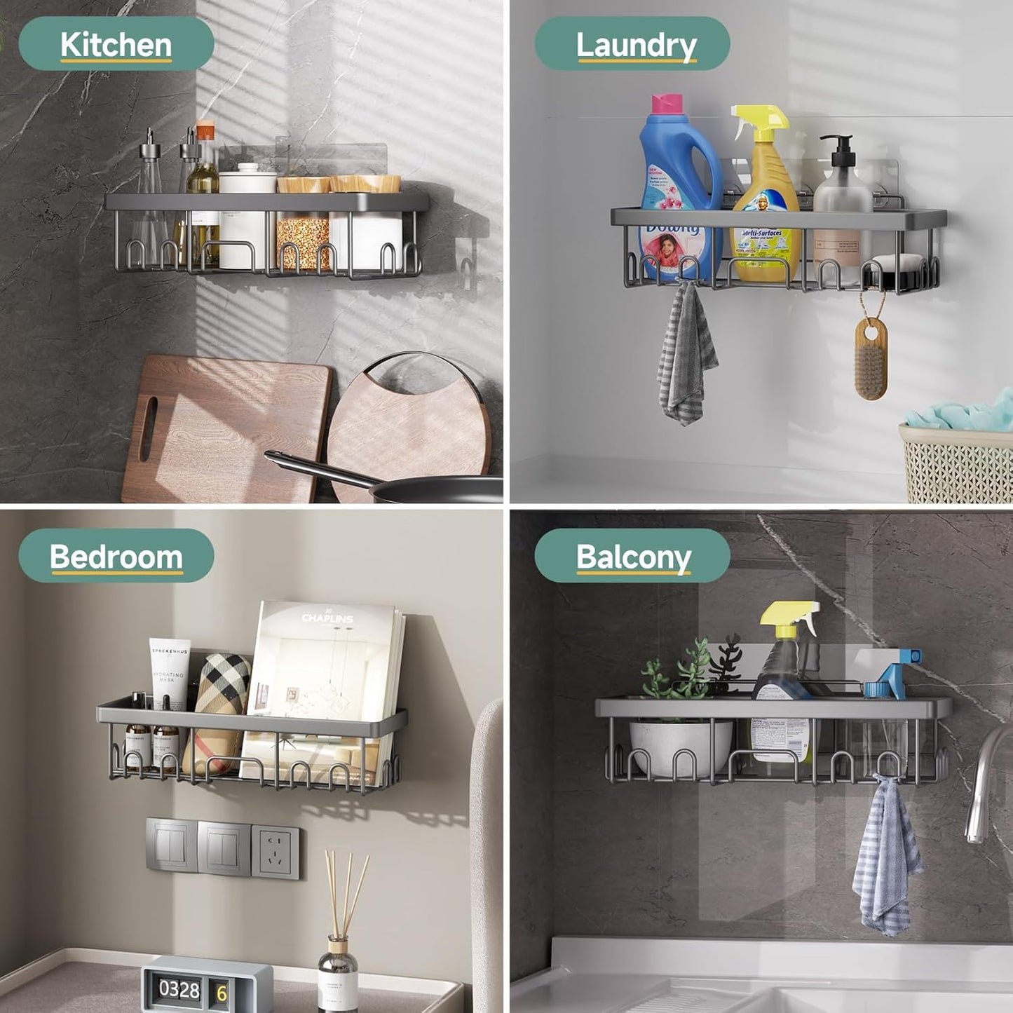 Veken 6-Pack Rustproof & Waterproof Shower Caddy, Adhesive Shelves Rack, Large Capacity Bathroom, College Dorm & Apartment Organizers, No-Drill Wall Mount Living Room & Bedroom Decor, Light Grey