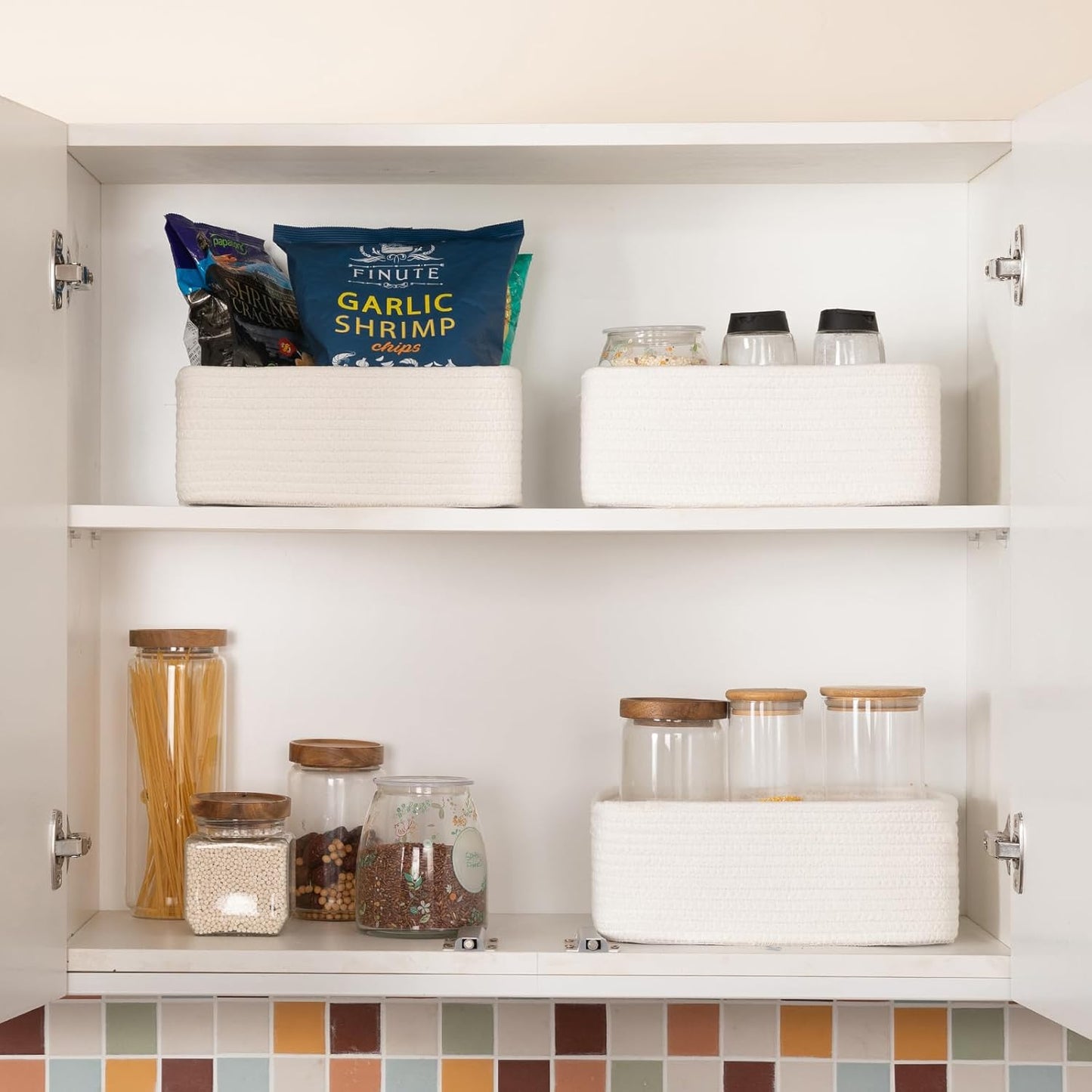 3 Pack Small Storage Baskets for Organizing, Cute Woven Decorative Gift Baskets for Shelves, Mini Closet Organizer Bins with Handles, 11.81''Lx7.87''Wx4.72''H-White