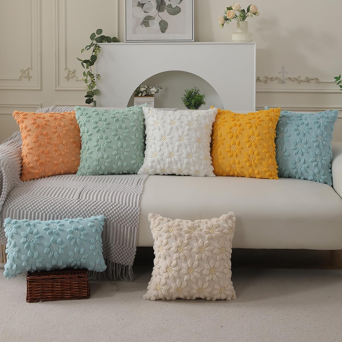 DFXSZ Spring Summer Pillow Covers 12x20 inch Set of 2 Farmhouse Decor White Flower Heart Sunflower Green Soft Plush Faux Fur Jacquard Throw Pillows for Sofa Holiday Spring Home Decor PTK024F20