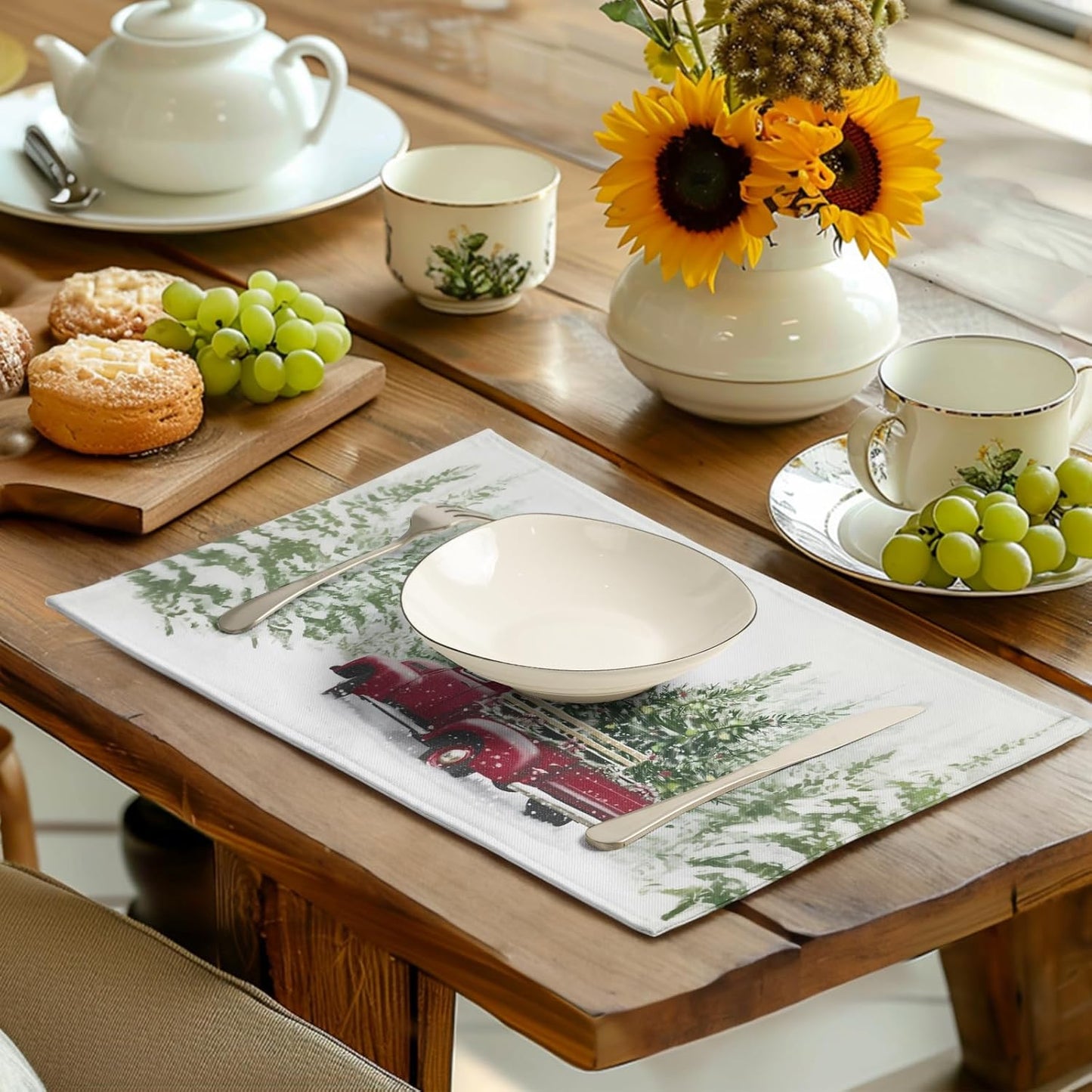 Red Truck Christmas Placemats Set of 4, 12x18 Inch Green Pine Tree Snow Xmas Table Mats Seasonal Rustic Farmhouse Linen Fabric Place Mats for Winter Holiday Party Kitchen Dining Decor