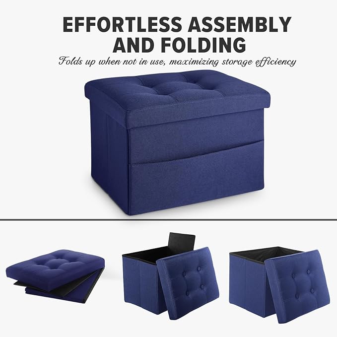 LINMAGCO Storage Ottoman Folding Foot Stool Foot Rest with Side Pocket Modern Ottoman with Storage Short Sofa Stool Linen Cloth 17x13x13(Navy)